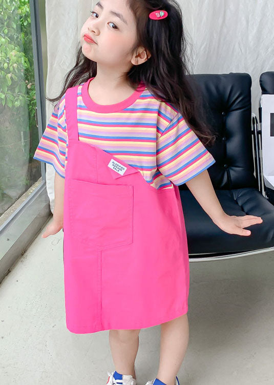 Style Rose O Neck Patchwork False Two Pieces Cotton Baby Dress Summer