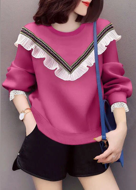 Style Rose O-neck Ruffled Fall Loose Sweatshirts Top