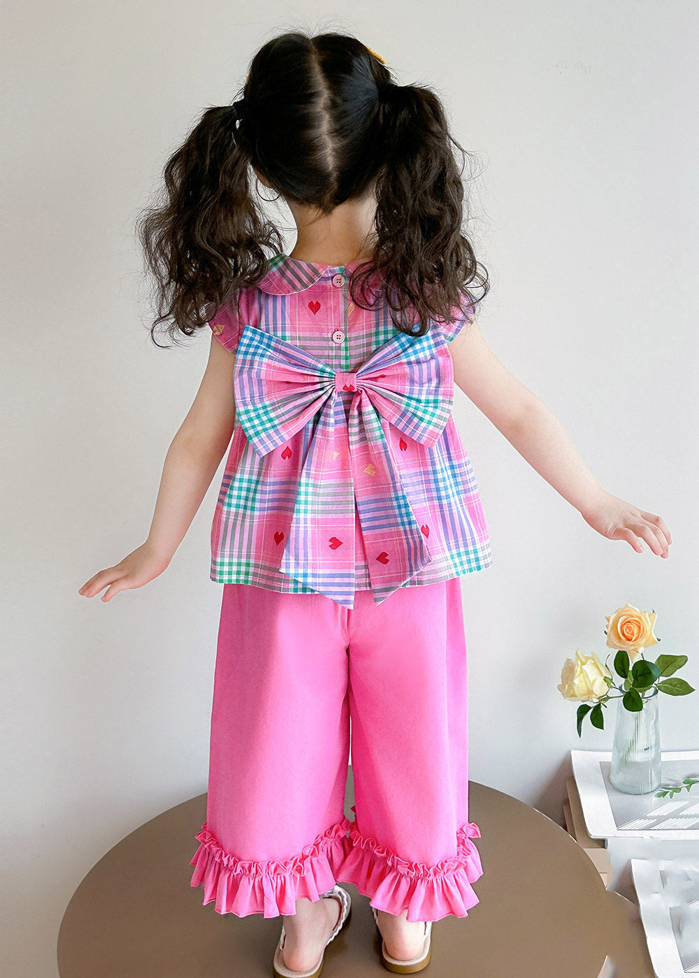 Style Rose Peter Pan Collar Striped Ruffled Top and Wide Leg Pants Two Pieces Set Summer