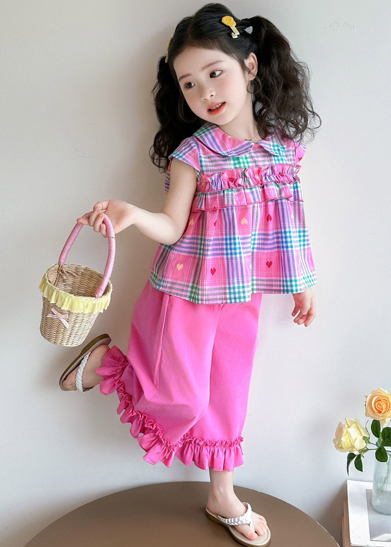 Style Rose Peter Pan Collar Striped Ruffled Top and Wide Leg Pants Two Pieces Set Summer