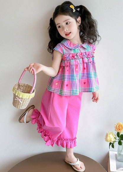 Style Rose Peter Pan Collar Striped Ruffled Top and Wide Leg Pants Two Pieces Set Summer