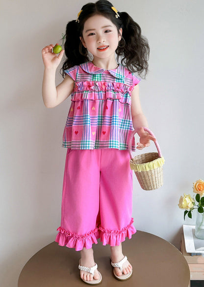 Style Rose Peter Pan Collar Striped Ruffled Top and Wide Leg Pants Two Pieces Set Summer