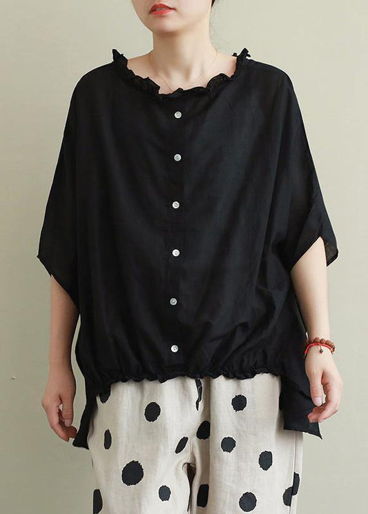Style Ruffled Cotton Summer Top Outfits Black Blouses