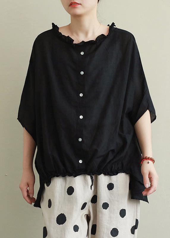 Style Ruffled Cotton Summer Top Outfits Black Blouses