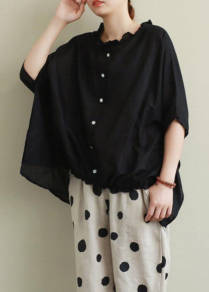 Style Ruffled Cotton Summer Top Outfits Black Blouses