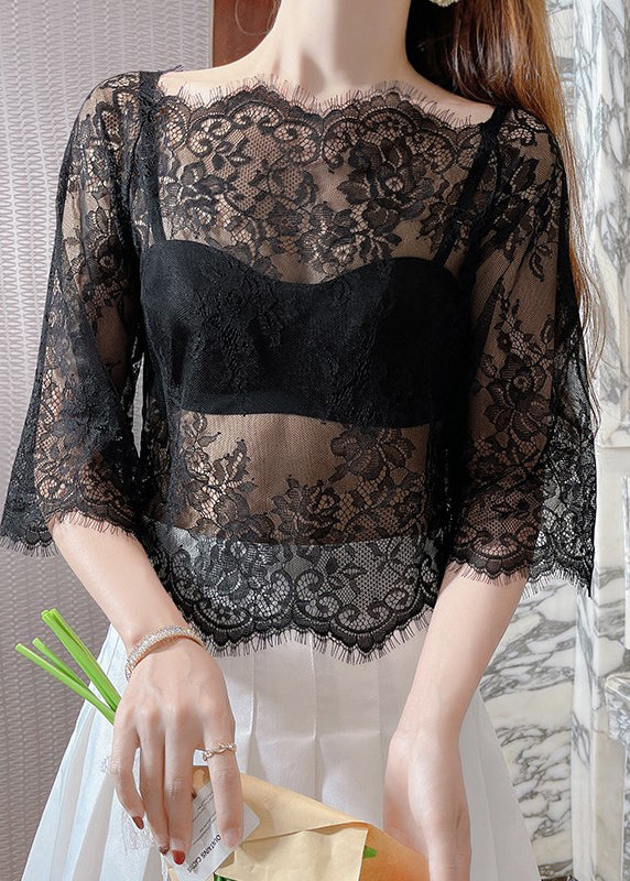Style Black Slash Neck Hollow Out Lace Top Summer