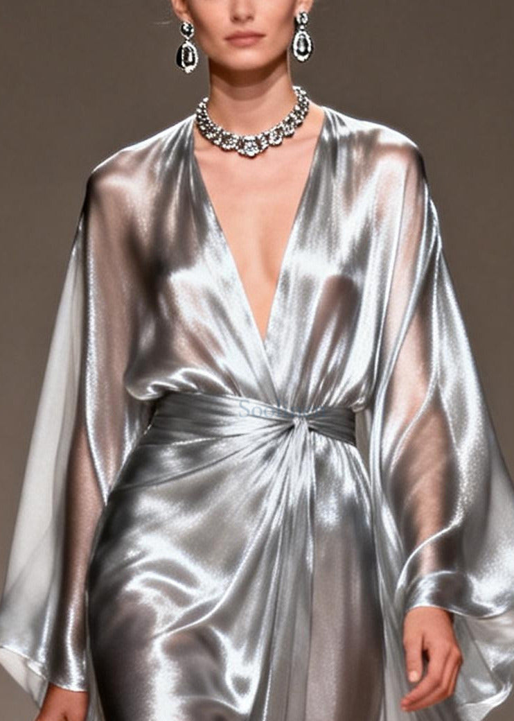 Style Silvery Exra Large Hem Draping Chiffon Ankle Dress Summer