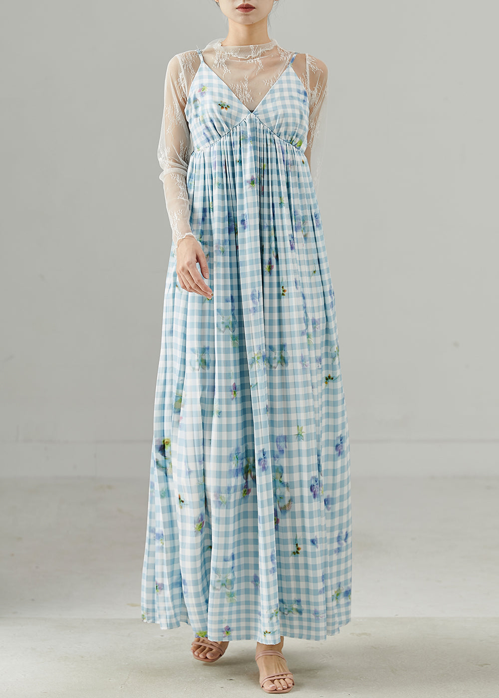 Style Sky Blue Plaid Print Cotton Sundress Summer
