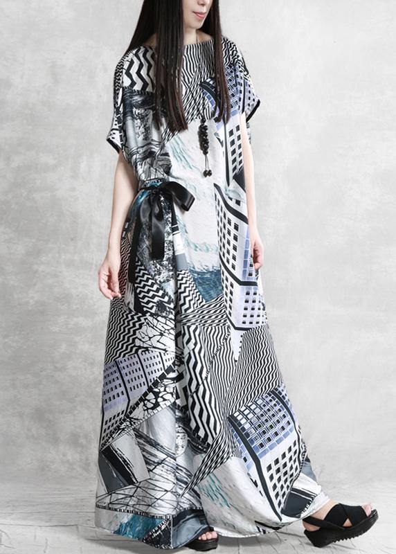 Style Slash Neck Asymmetric Summer Dress Catwalk Gray Print Dress