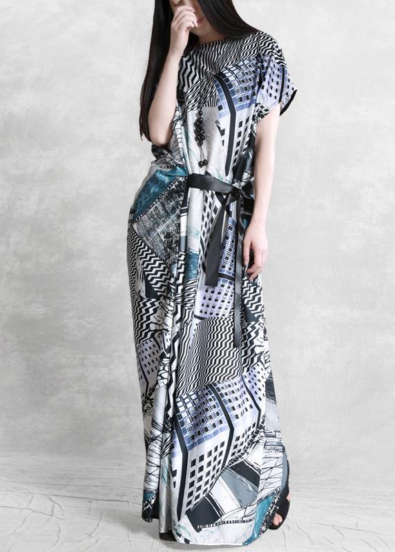 Style Slash Neck Asymmetric Summer Dress Catwalk Gray Print Dress
