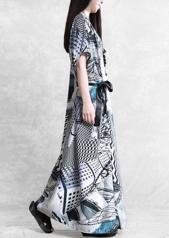 Style Slash Neck Asymmetric Summer Dress Catwalk Gray Print Dress