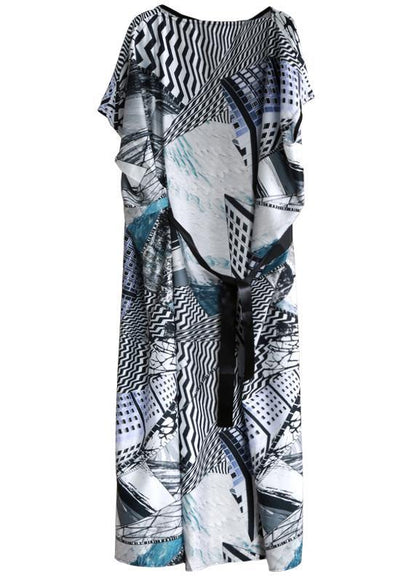 Style Slash Neck Asymmetric Summer Dress Catwalk Gray Print Dress