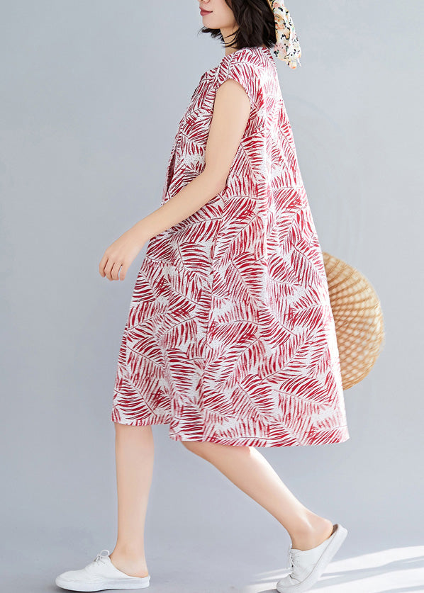Style Sleeveless Cotton Clothes Sewing Red Print Daily Dresses Summer