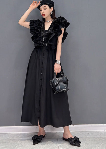 Style Black V Neck Original Ruffles Cotton Long Dress Vestidos Sleeveless