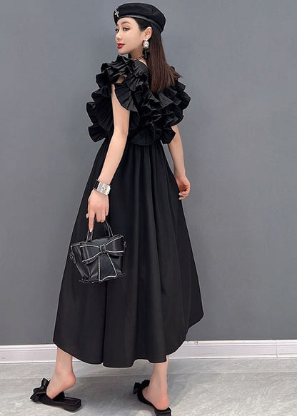 Style Black V Neck Original Ruffles Cotton Long Dress Vestidos Sleeveless