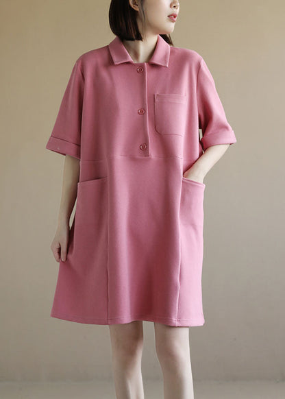 Style Pink Peter Pan Collar Big Pockets Cotton Loose Dress Short Sleeve
