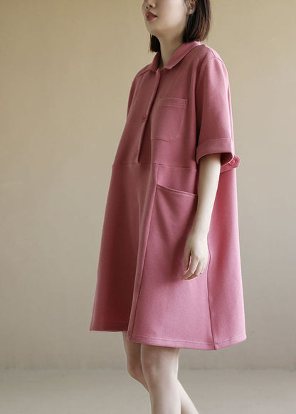 Style Pink Peter Pan Collar Big Pockets Cotton Loose Dress Short Sleeve