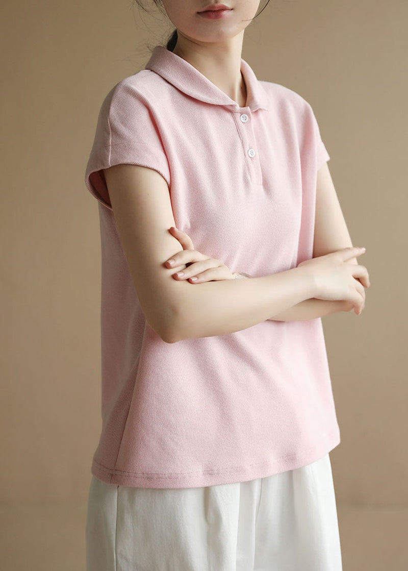 Style Pink Peter Pan Collar Button Cotton Tank Short Sleeve