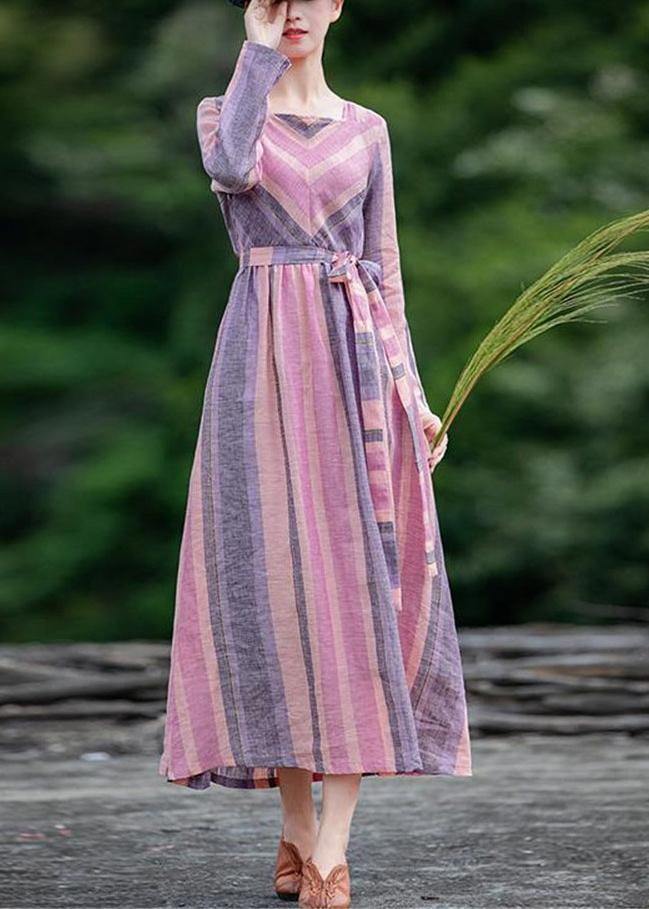 Style Square Collar Tie Waist Spring Tunics Neckline Striped Dress
