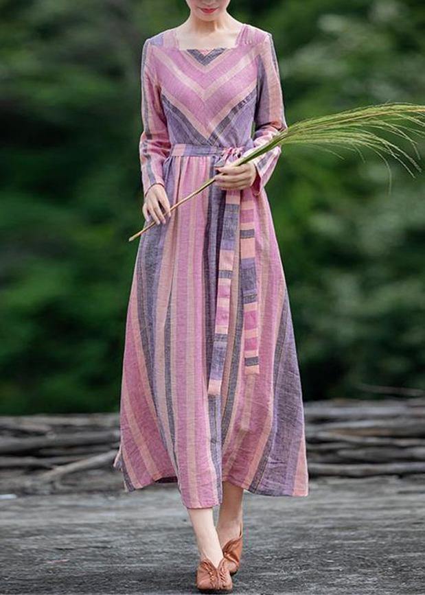 Style Square Collar Tie Waist Spring Tunics Neckline Striped Dress