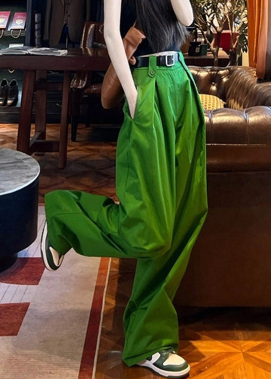 Style Green Pockets Cotton Wide Leg Pants Spring