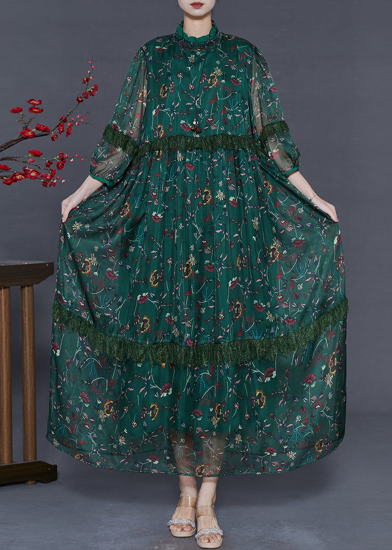 Style Tea Green Print Chiffon Ankle Dress Bracelet Sleeve