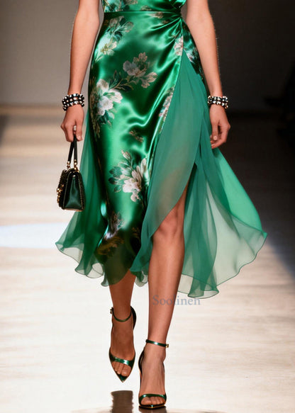 Style Tea Green Print Patchwork Silk Long Dress Summer