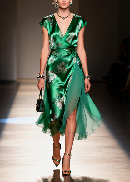 Style Tea Green Print Patchwork Silk Long Dress Summer