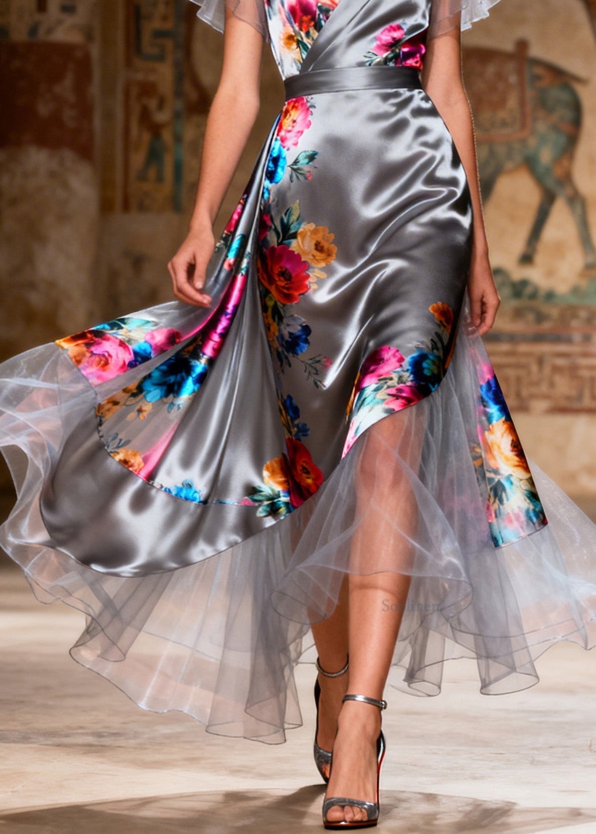 Style V Neck Asymmetrical Tulle Patchwork Silk Dresses Summer