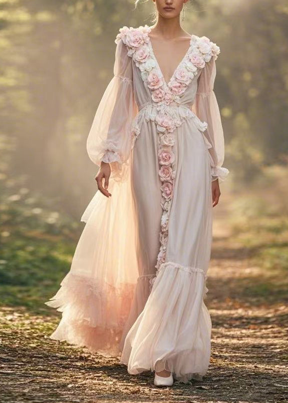 Style V Neck Decorated Wrinkled Patchwork Chiffon Dresses Spring