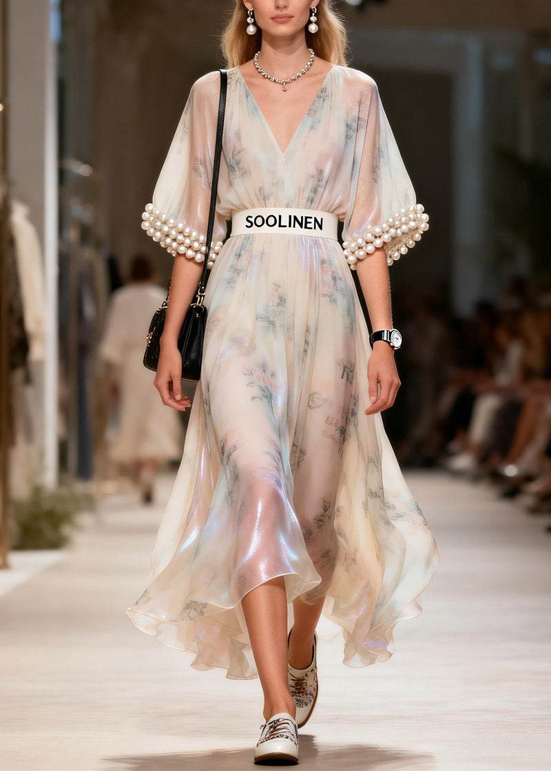Style V Neck Nail Bead Tunic Silk Long Dresses Summer