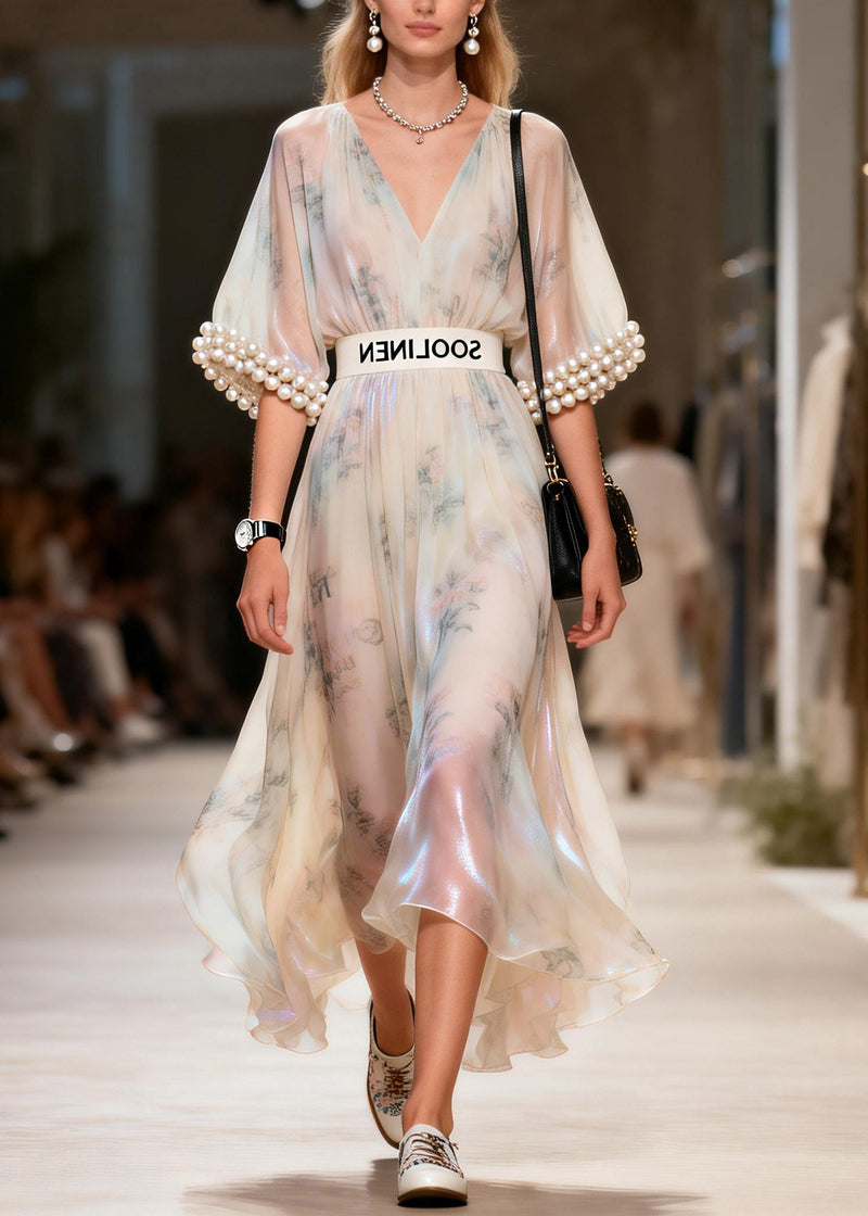 Style V Neck Nail Bead Tunic Silk Long Dresses Summer