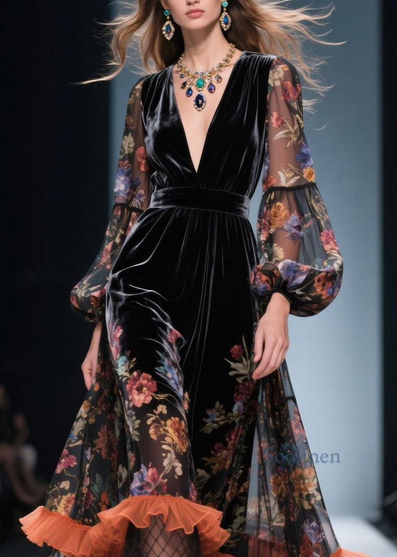 Style V Neck Ruffled Print Patchwork Velvet Dresses Spring