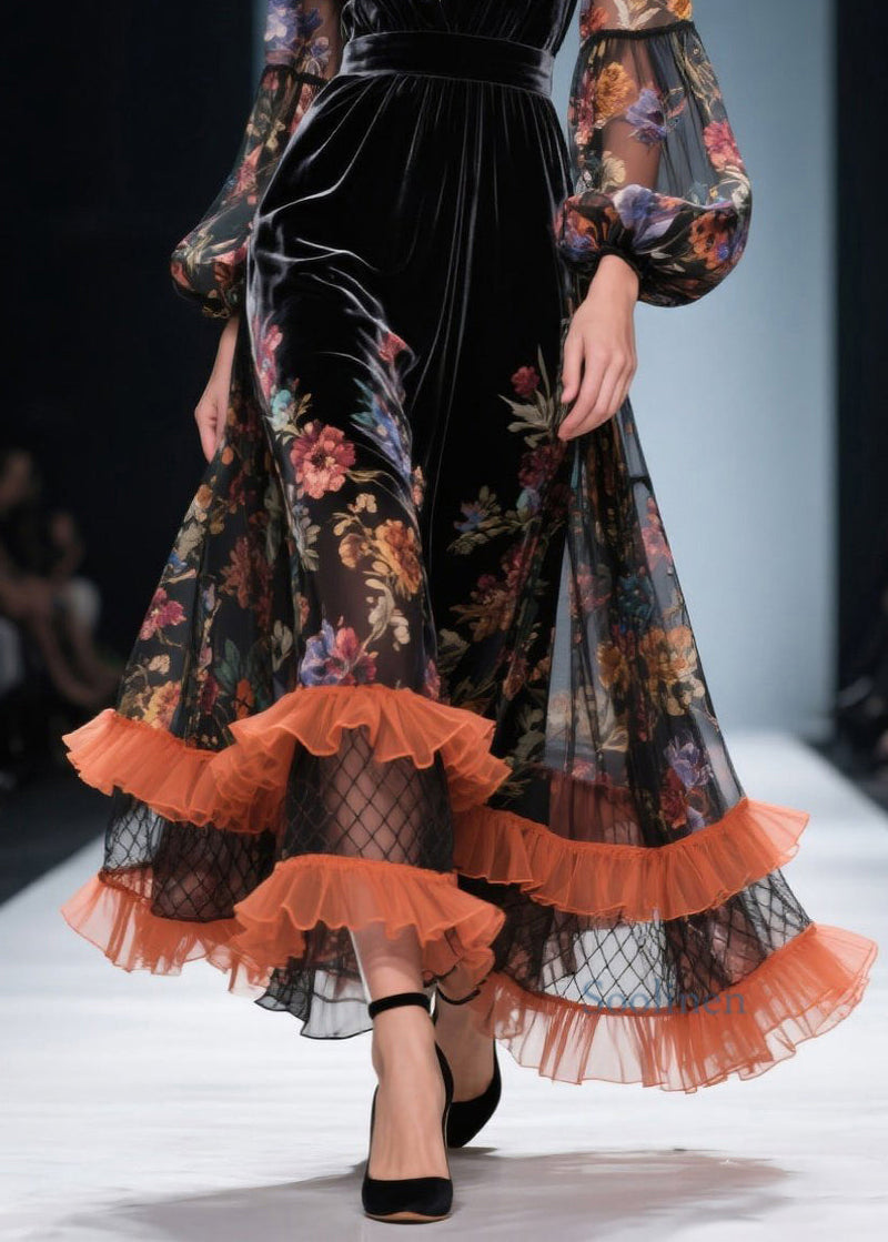 Style V Neck Ruffled Print Patchwork Velvet Dresses Spring
