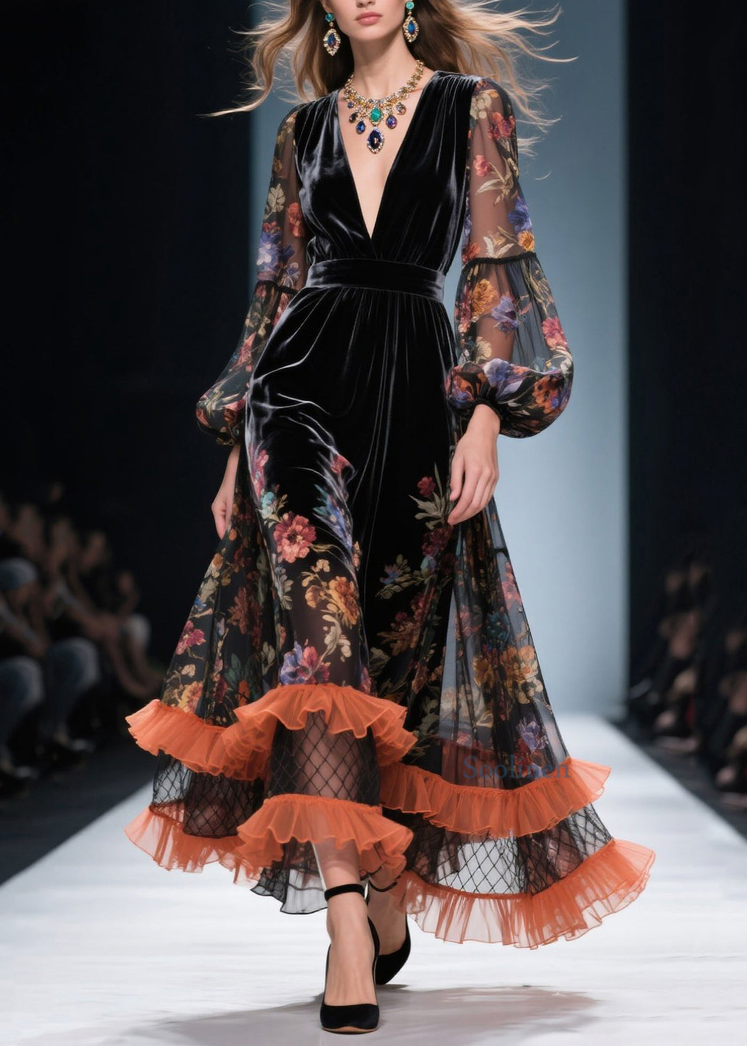 Style V Neck Ruffled Print Patchwork Velvet Dresses Spring