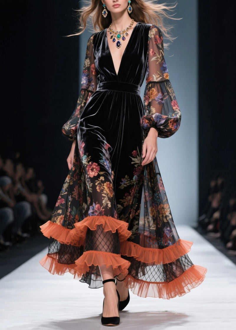 Style V Neck Ruffled Print Patchwork Velvet Dresses Spring