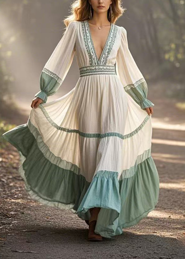 Style White Deep-v Neck Patchwork Exra Large Hem Party Dresses Spring
