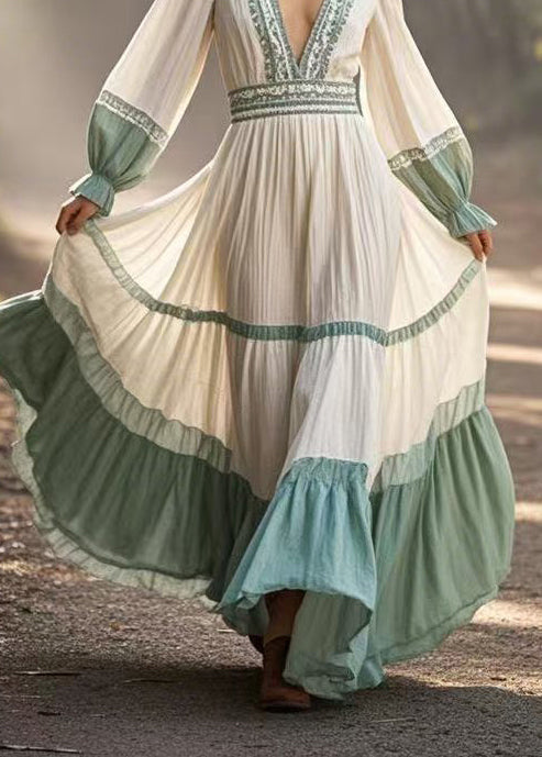Style White Deep-v Neck Patchwork Exra Large Hem Party Dresses Spring