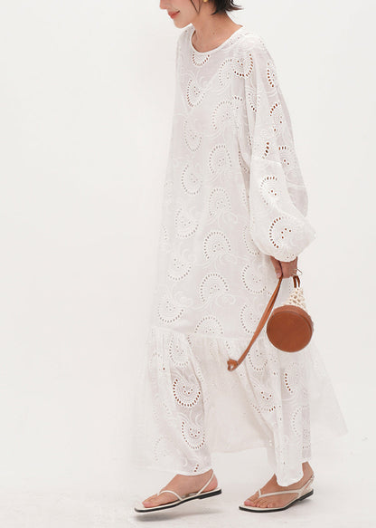 Style White Embroidered Hollow Out Cotton Maxi Dresses Summer