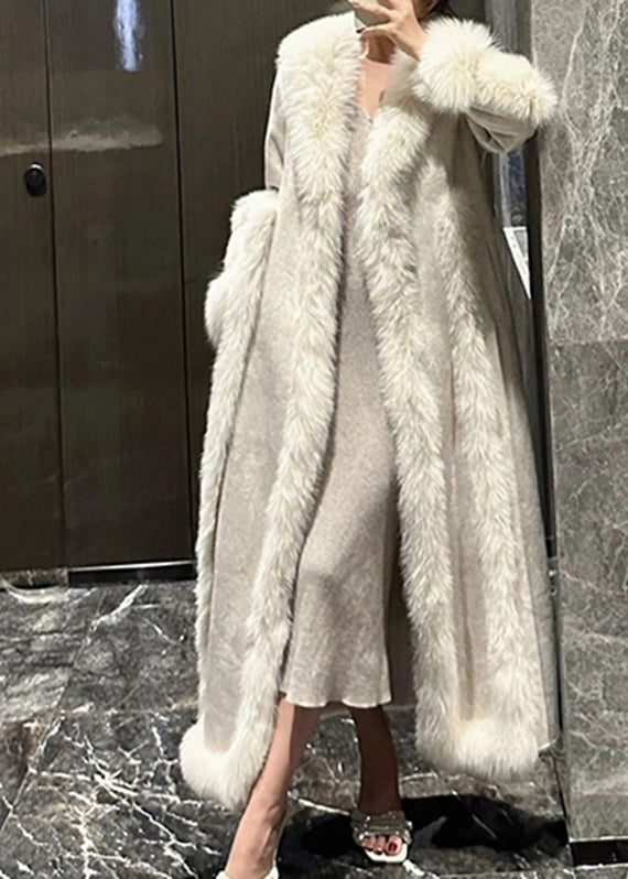 Style White Fox Collar Patchwork Pockets Leather and Fur Long Coats Winter