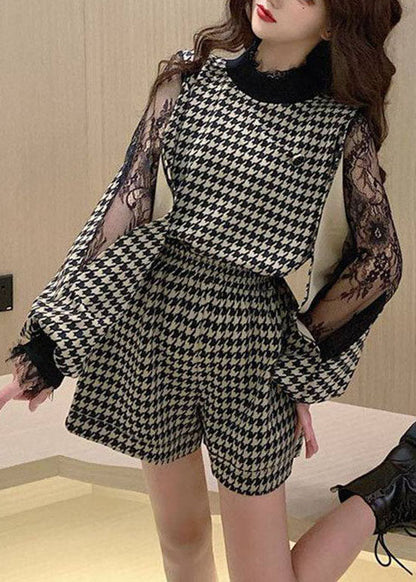 Style White Lace Patchwork Stand Collar Tops Shorts Two-piece Set Spring