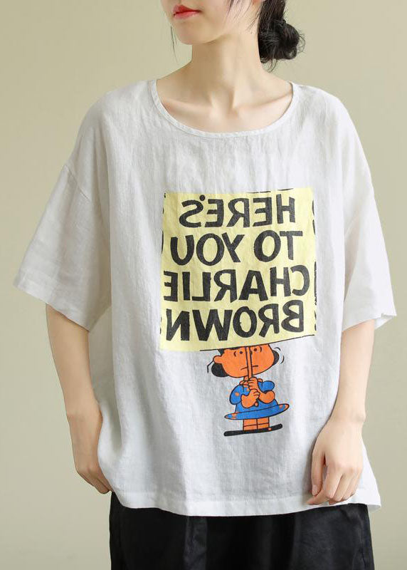 Style White Loose O-neck Print Fall T-shirt Half Sleeve