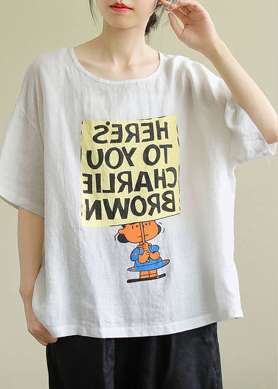 Style White Loose O-neck Print Fall T-shirt Half Sleeve