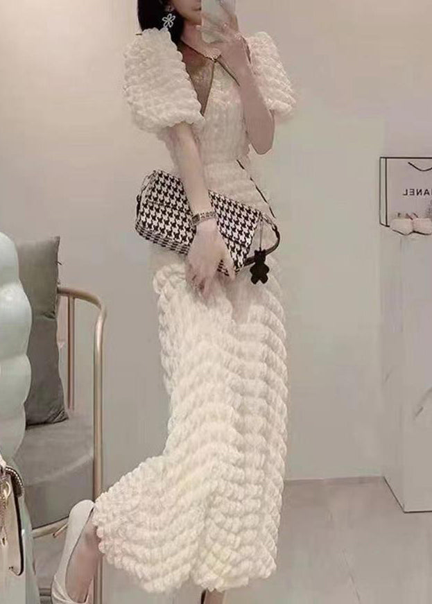 Style White O-neck Faux Leather Patchwork High Waist Long Dresses Puff Sleeve