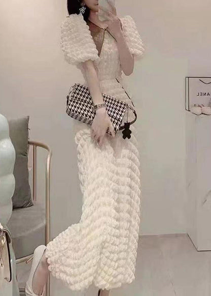 Style White O-neck Faux Leather Patchwork High Waist Long Dresses Puff Sleeve