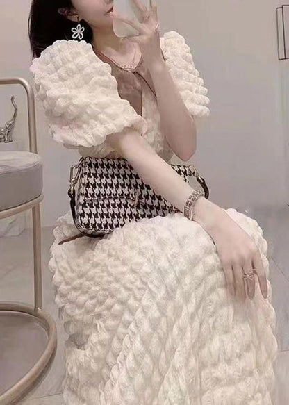 Style White O-neck Faux Leather Patchwork High Waist Long Dresses Puff Sleeve