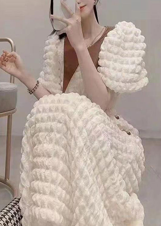 Style White O-neck Faux Leather Patchwork High Waist Long Dresses Puff Sleeve