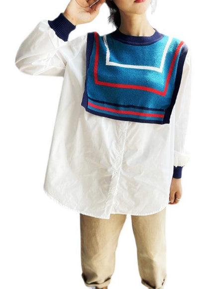 Style White Patchwork Knit Button Fall Tops Long sleeve