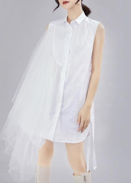Style White Patchwork Lace Asymmetrical Design Cotton Shirt