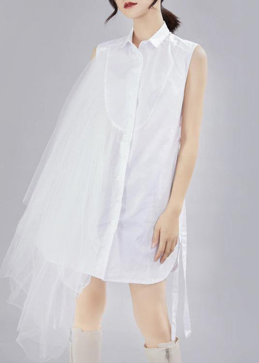 Style White Patchwork Lace Asymmetrical Design Cotton Shirt